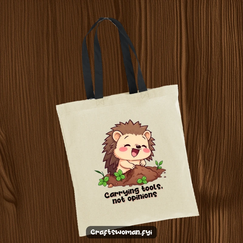 Funny tote bag with a delighted hedgehog character enthusiastically hammering a tiny nail, ideal for carrying tools and supplies.