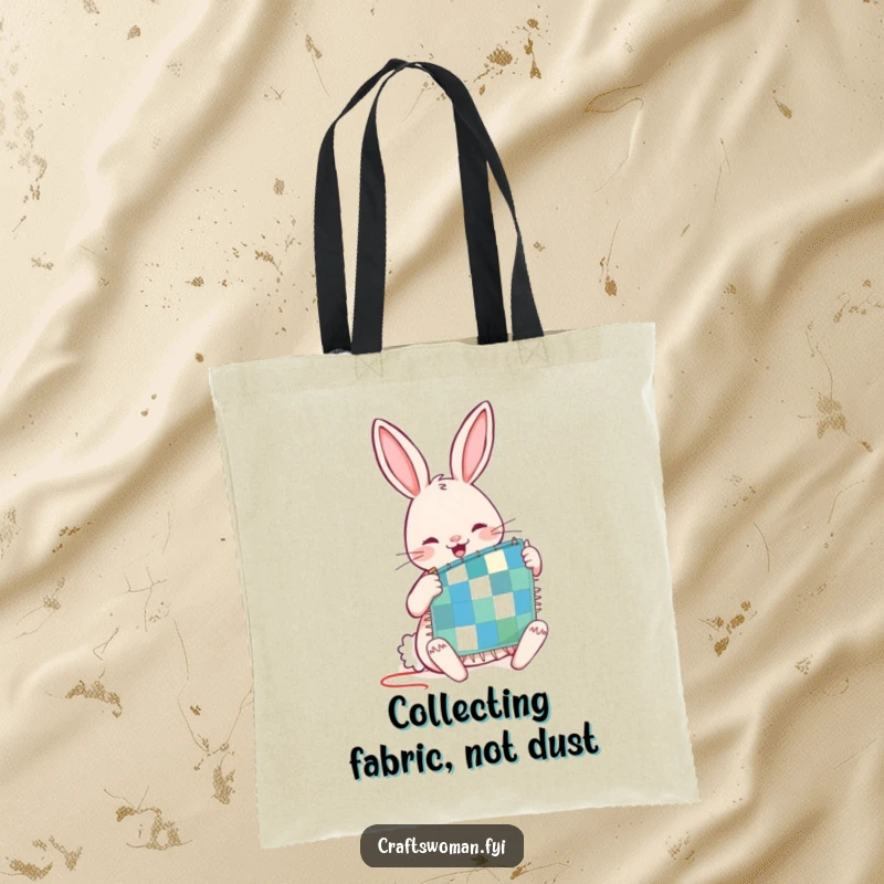 Funny tote bag with a joyful rabbit character diligently stitching a tiny patchwork quilt, ideal for carrying sewing supplies.
