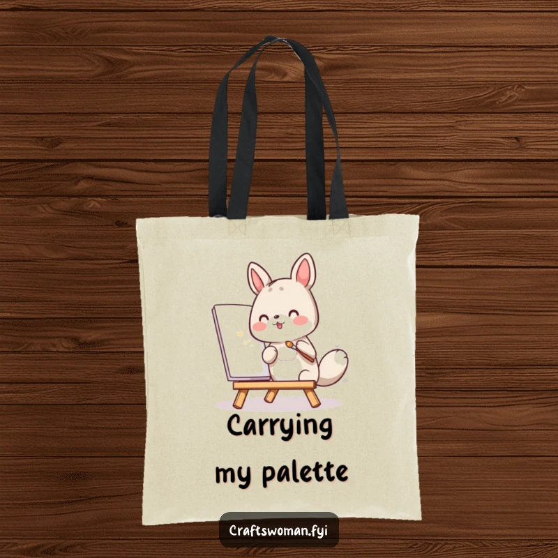 Funny tote bag with an animal character painting diligently with a tiny brush, perfect for carrying art supplies.