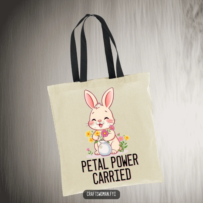 Funny bunny tote bag illustrating a giggling bunny arranging flowers in a vase, ideal for carrying garden tools or groceries.