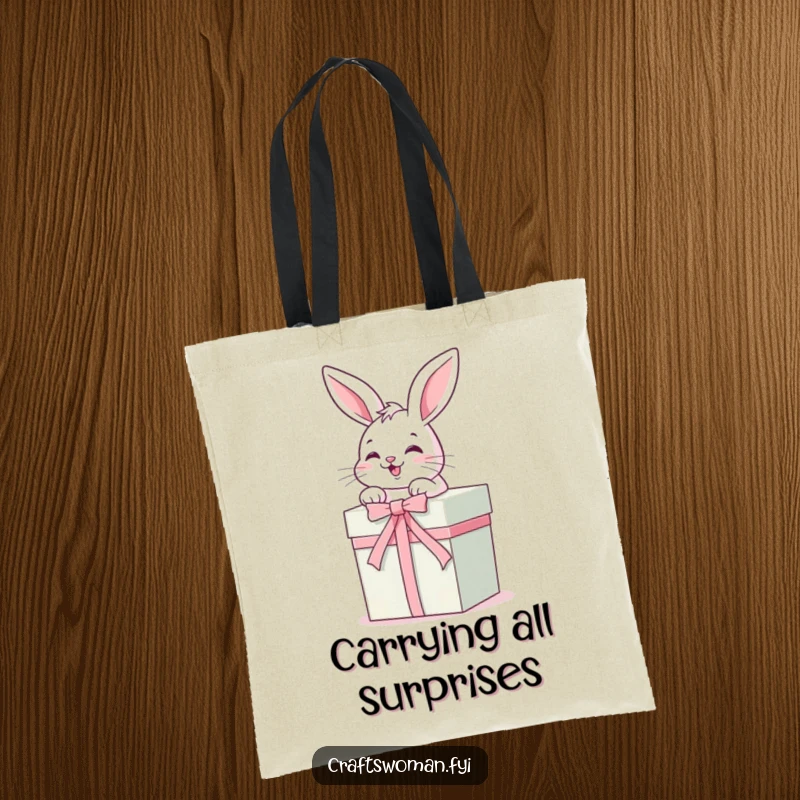 Funny Tote Bag: A happy, giggling bunny expertly ties a bright ribbon around a beautifully decorated gift box, ready for delivery.