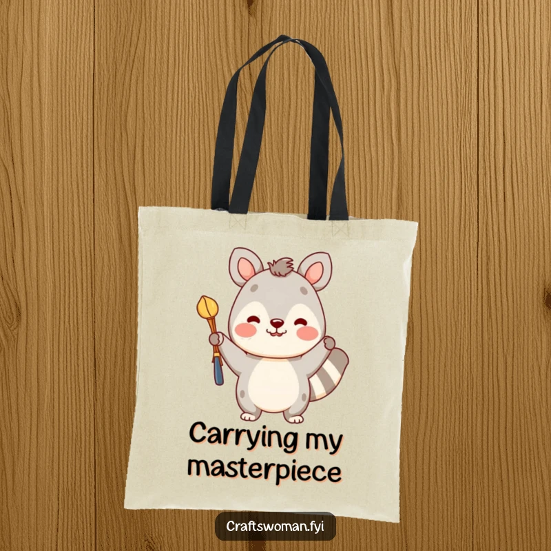 Funny tote bag showcasing a cheerful animal character holding a vibrant, completed craft, ready to carry your supplies.