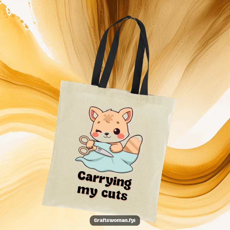 Funny tote bag featuring an animal character meticulously cutting material with playfully designed scissors, perfect for crafters.