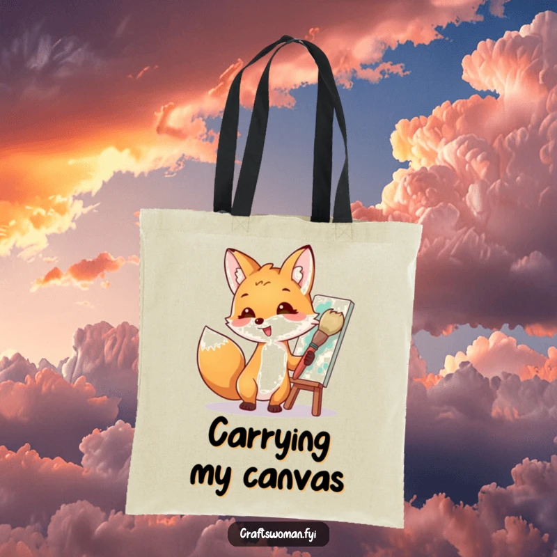 Funny tote bag featuring a fox artist enthusiastically painting a masterpiece with a large brush, ideal for carrying art supplies and daily essentials.