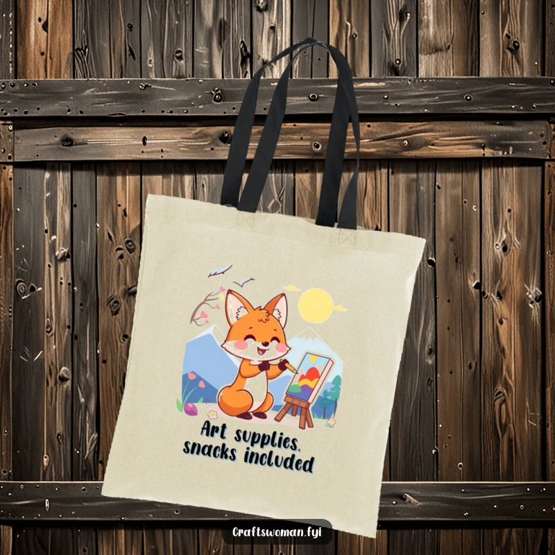 Funny tote bag with a happy fox character enthusiastically painting a colorful landscape, ideal for carrying art supplies.