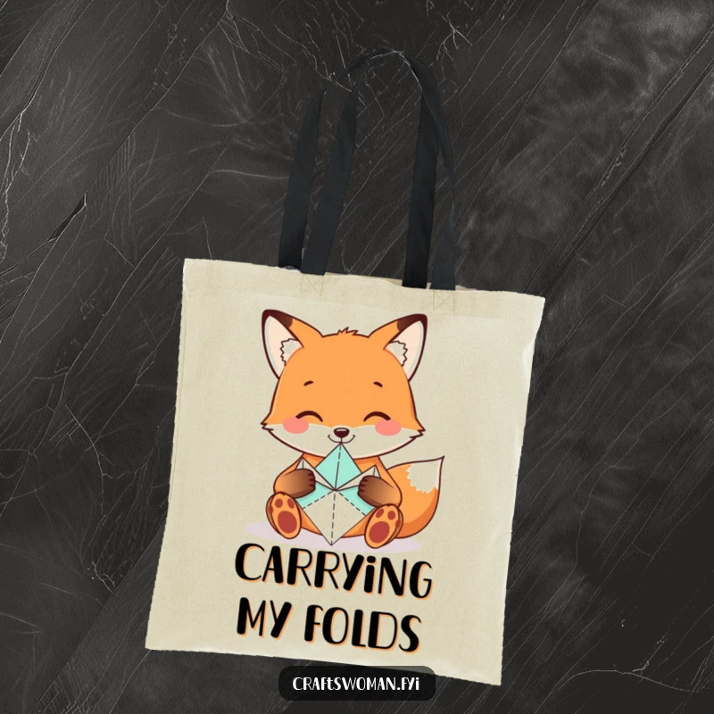 Funny Fox Tote Bag with a smiling fox folding origami shapes, perfect for carrying art supplies humorously.