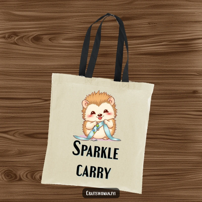 Funny tote bag with a delighted hedgehog sewing beads onto a ribbon, perfect for carrying craft supplies.