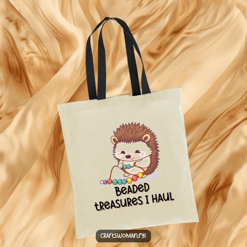 Funny tote bag with a focused hedgehog carefully arranging beads onto a string, perfect for craft supplies or everyday use.