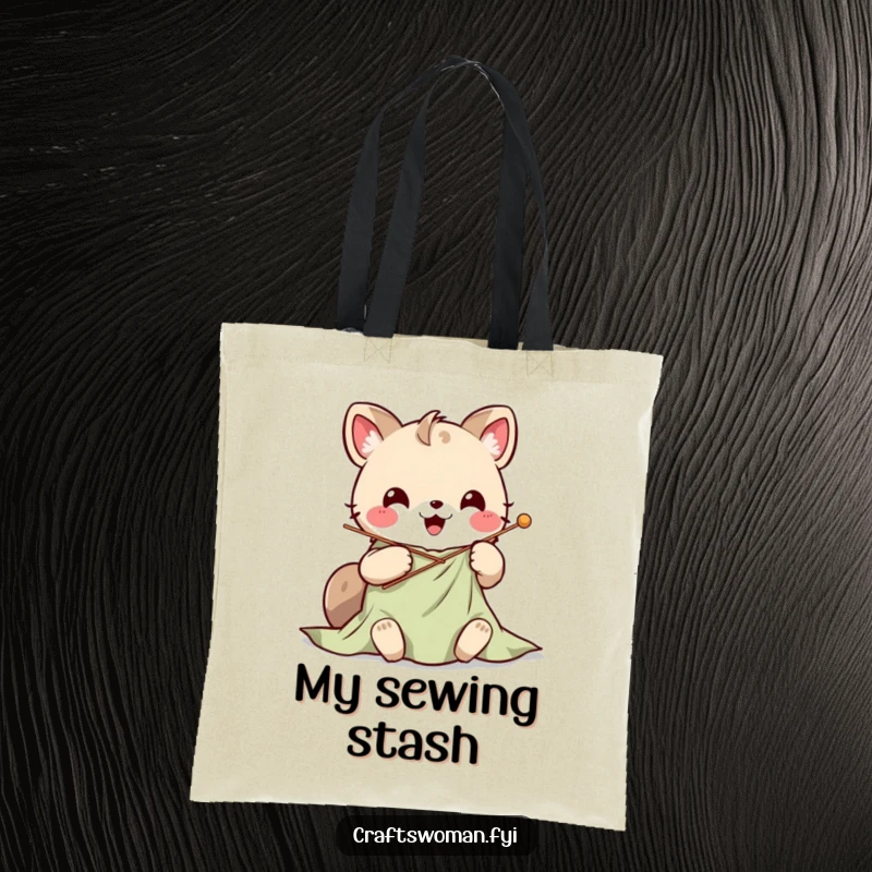Cute Kawaii animal character stitching vibrant fabric with a large needle, featured on a spacious tote bag.