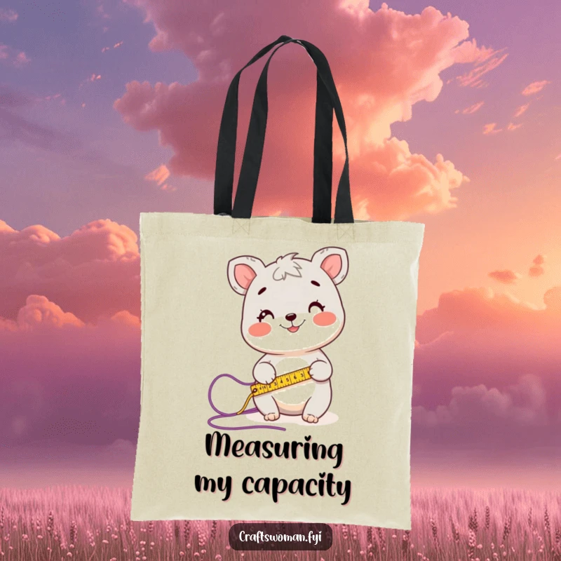 Funny tote bag showcasing a happy animal character measuring a length of yarn with a tape measure, perfect for yarn lovers.