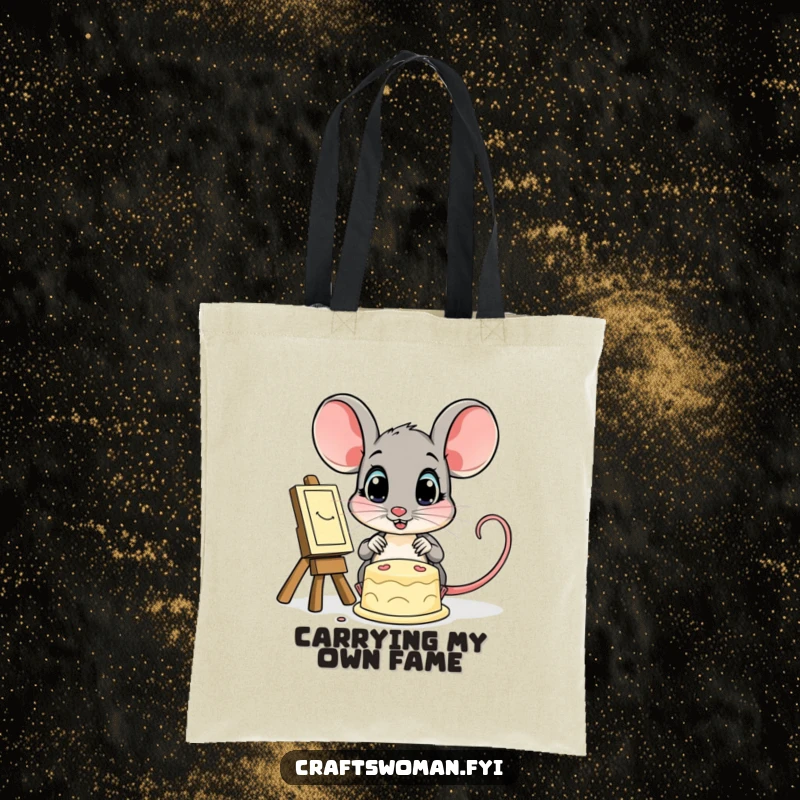 Funny tote bag with a wide-eyed mouse admiring a beautiful finished creation, perfect for carrying art supplies or everyday items.