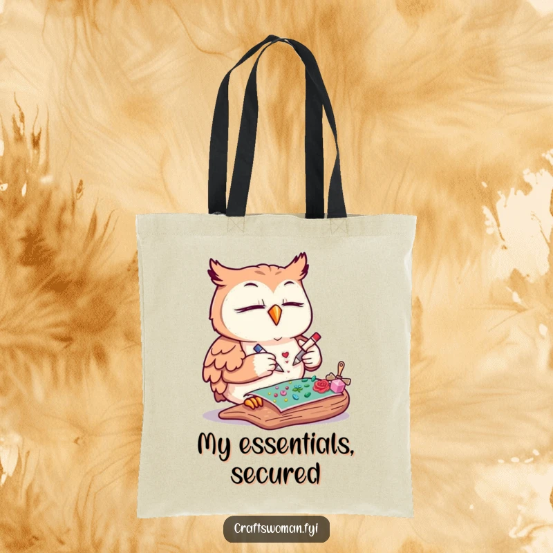 Funny owl tote bag featuring a content owl meticulously gluing decorative elements onto a craft project, perfect for carrying supplies.