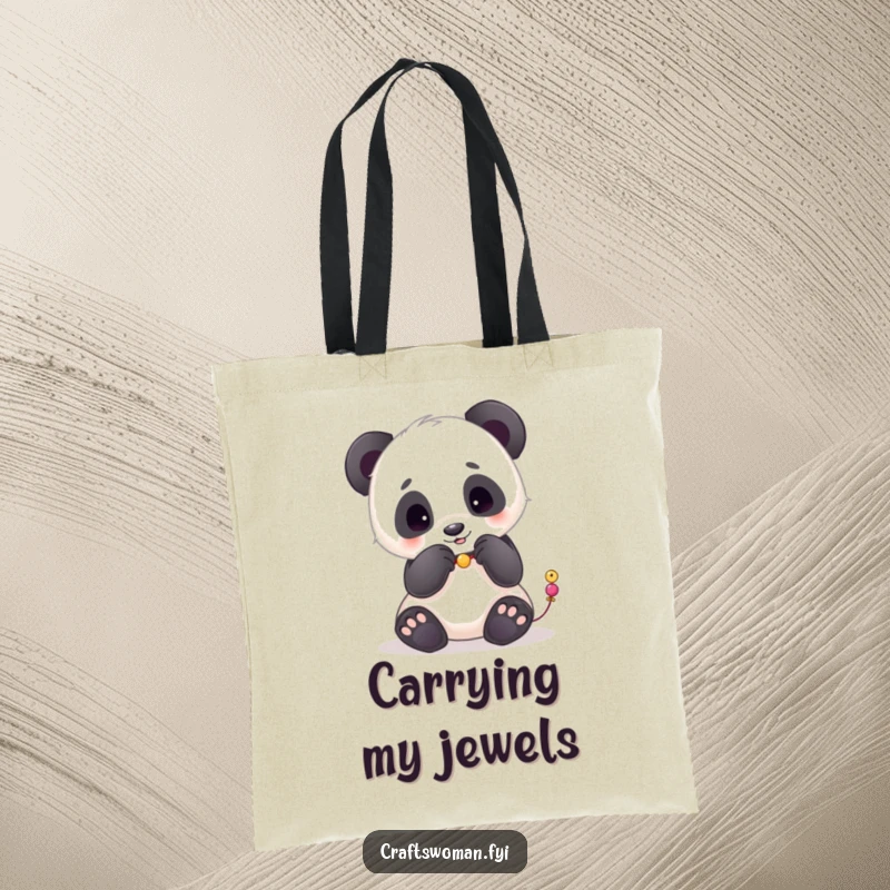 Funny tote bag featuring a playful panda carefully placing beads onto a string with its paws, perfect for craft supplies.