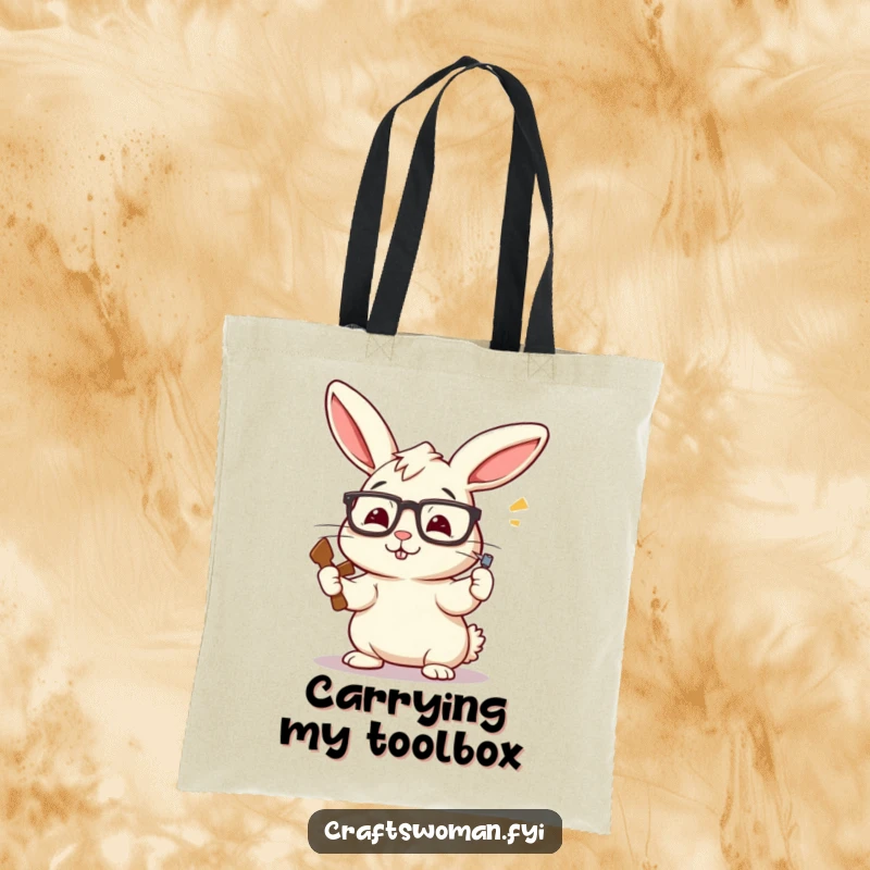 Funny Rabbit Carpenter Tote Bag: A Perky Bunny with Askew Glasses Enthusiastically Hammering a Nail, Spaciously Hilarious.