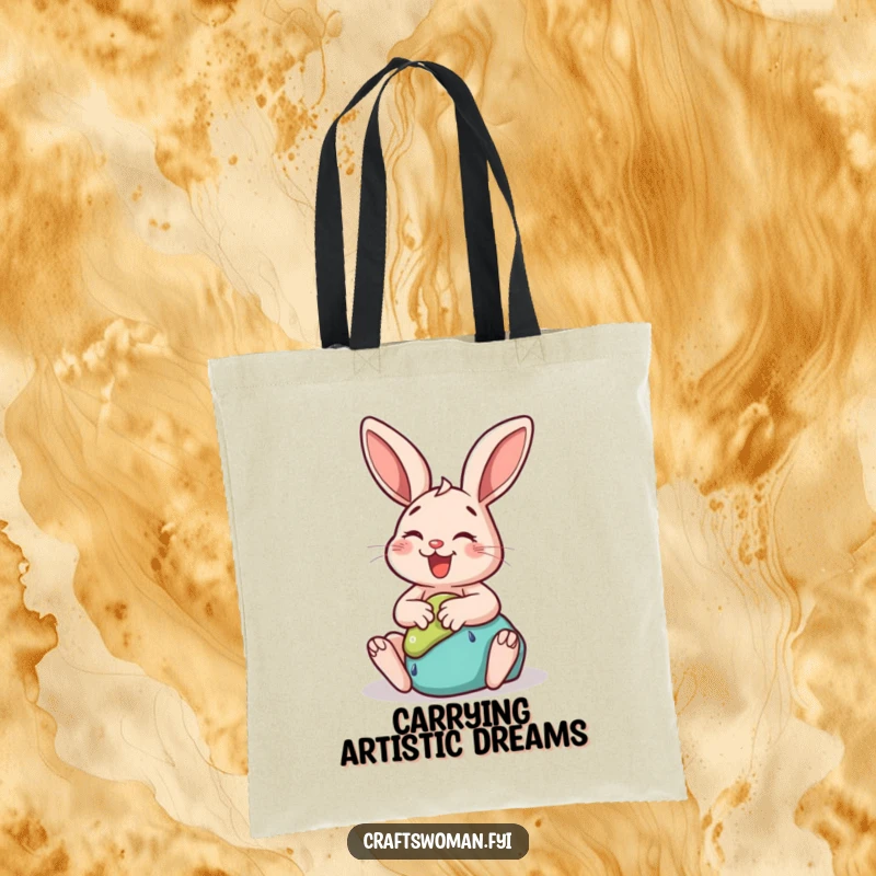 Funny rabbit tote bag depicting a happy bunny artist gleefully sculpting clay into a whimsical, delightful shape.