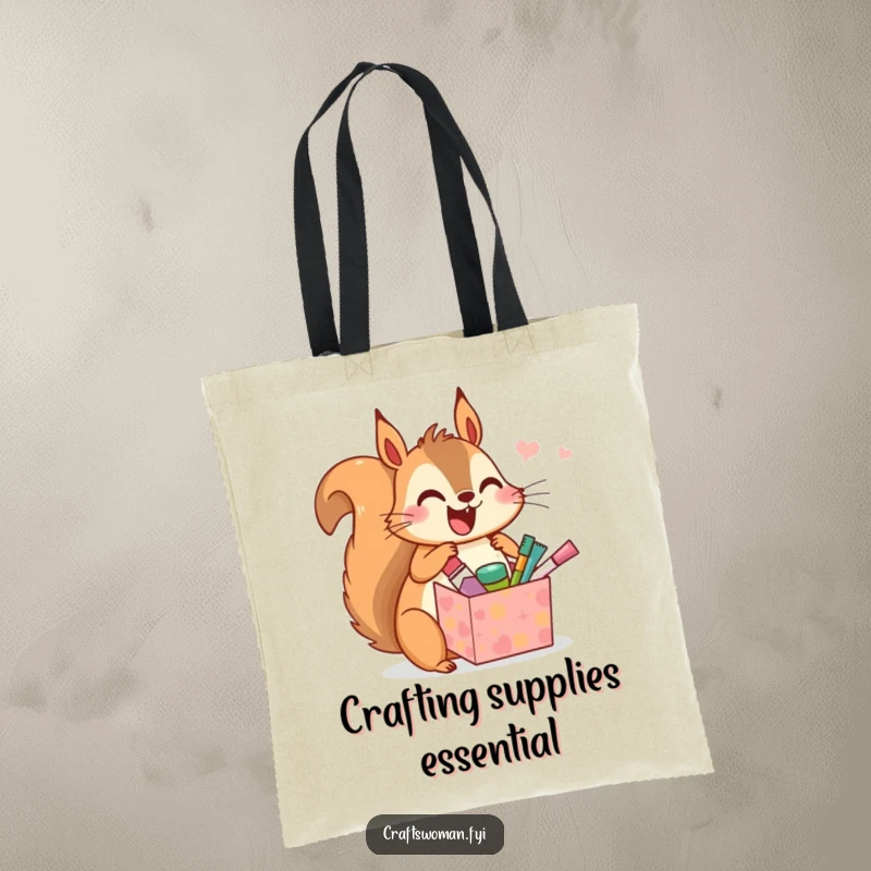 Funny tote bag showcasing a cheerful squirrel holding a gift box filled with tiny craft items, perfect for eco-conscious shoppers.