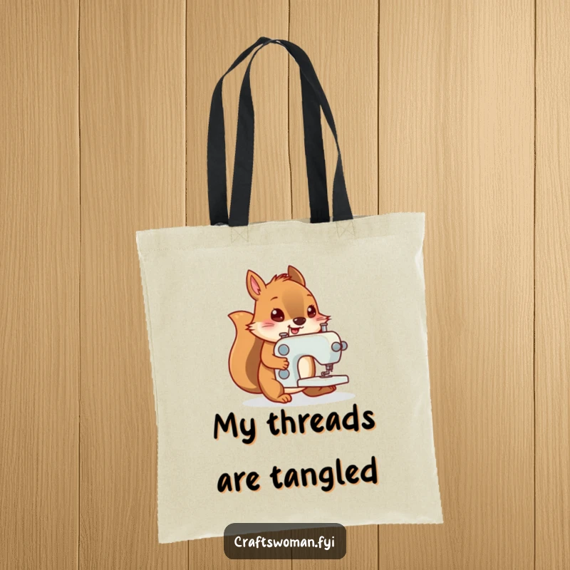 Funny tote bag featuring a determined squirrel pushing a tiny sewing machine, perfect for carrying craft supplies.