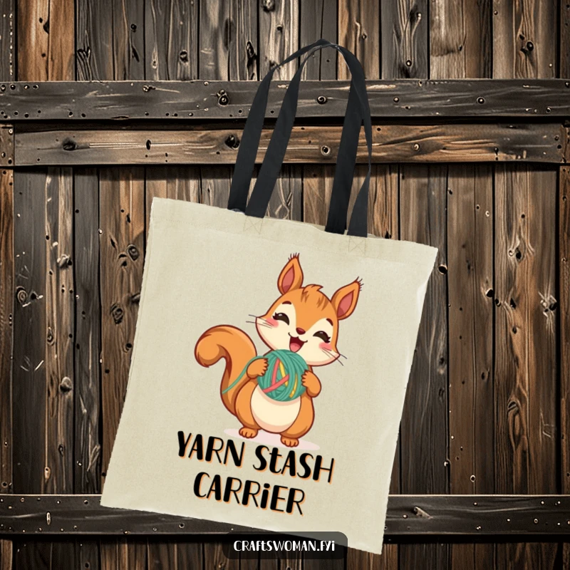 Funny Squirrel Yarn Tote Bag featuring a cute squirrel excitedly holding yarn, caught mid-stitch, ideal for crafters on the go.