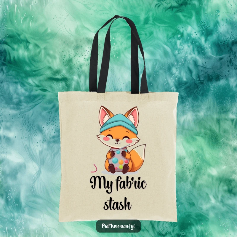 Kawaii Fox Tote Bag: An adorable fox smiles while sewing colorful fabric with a needle, perfect for carrying supplies.