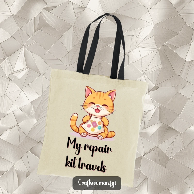 Funny Cat Apron Tote Bag: A happy cat in a tiny apron joyfully stitches a colorful patch, ideal for craft supplies.