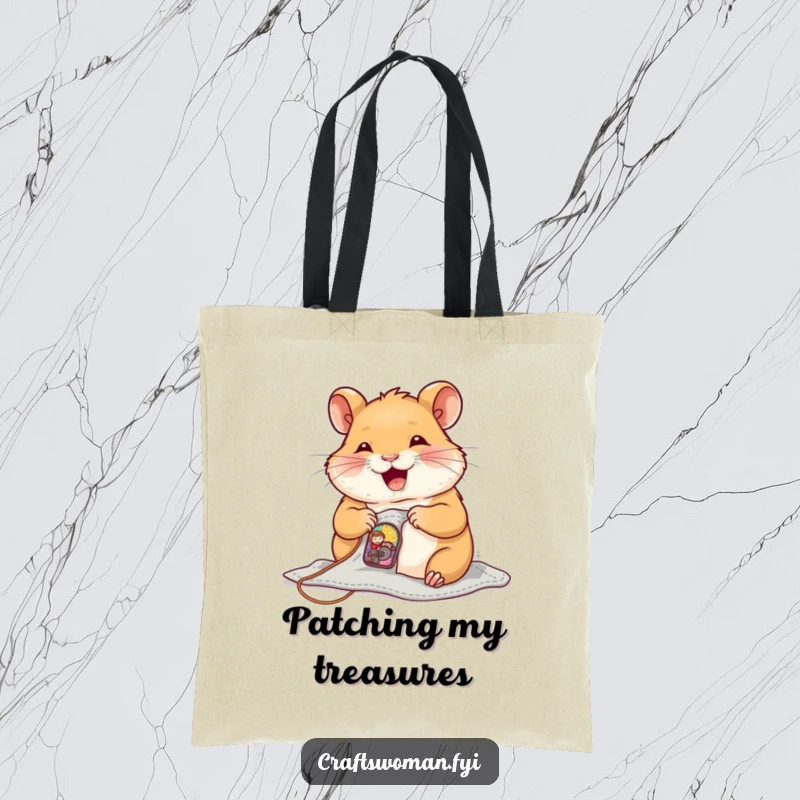 Funny Tote Bag of a joyful hamster sewing a tiny, colorful patch onto a small garment, for sewing enthusiasts.