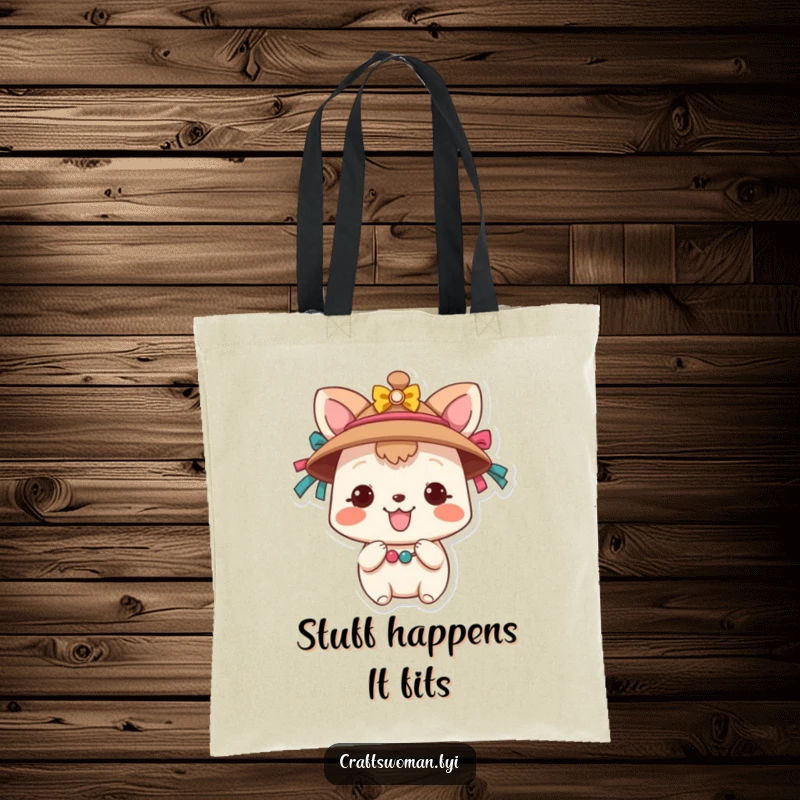 Funny Animal Craft Tote Bag: An adorable animal character is shown decorating a hat with colorful ribbons and beads, ideal for carrying craft supplies.