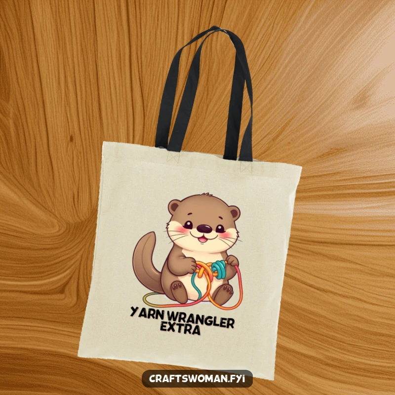 Funny otter tote bag with a smiling face, busy knotting colorful yarn into a playful design, spacious and practical.